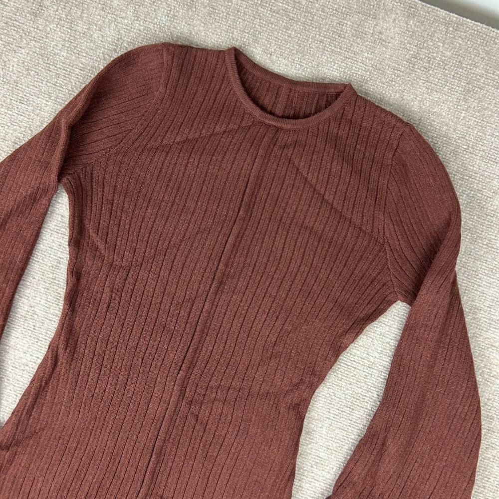 Commense Maxi Dress Womens Medium Brown Ribbed Knit Lettuce‎ Edge Flared Sleeves